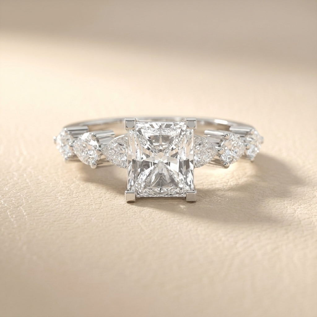 Radiant Cut Lab Grown Diamond Engagement Ring with Marquise and Pear Side Stones in White Gold