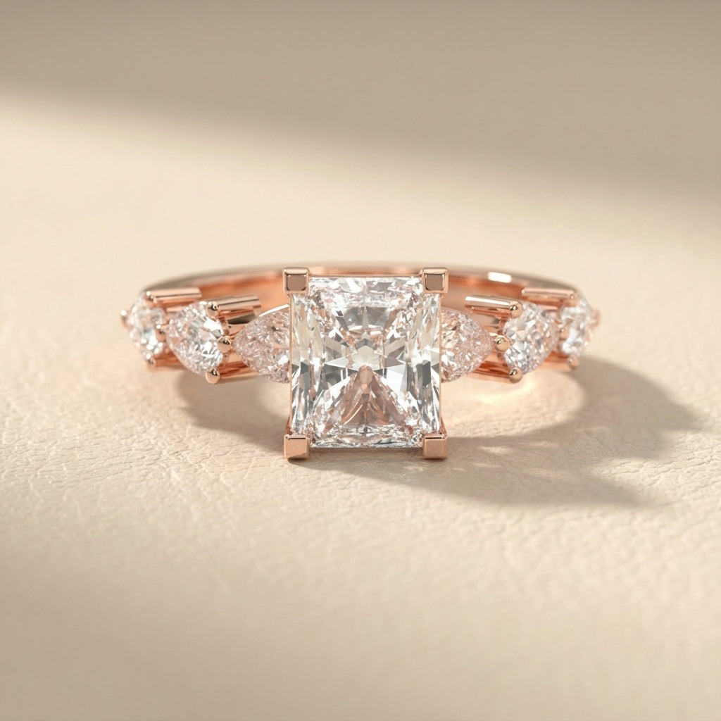 Radiant Cut Lab Grown Diamond Engagement Ring with Marquise and Pear Side Stones in Rose Gold