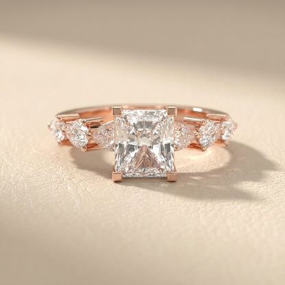 Radiant Cut Lab Grown Diamond Engagement Ring with Marquise and Pear Side Stones in Rose Gold