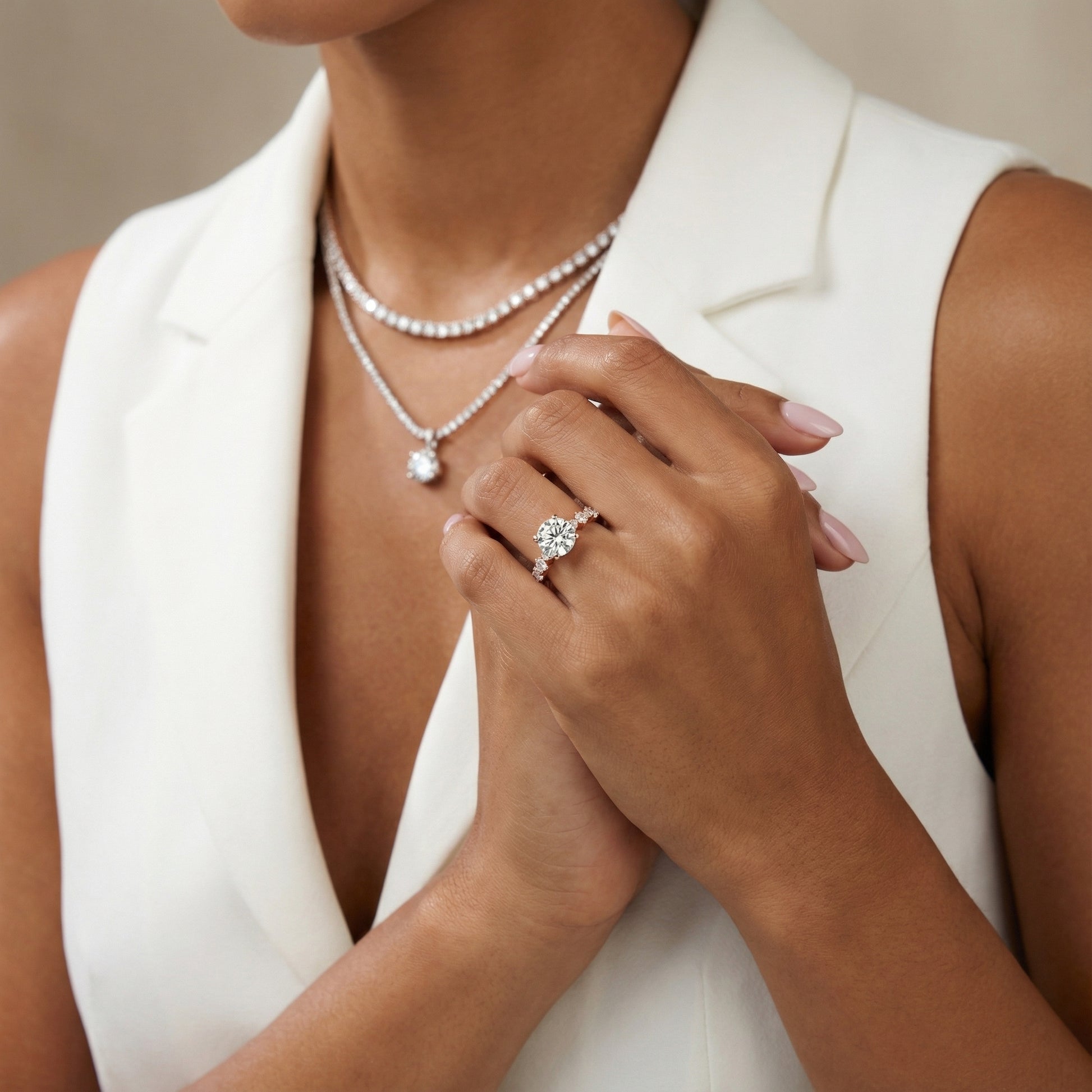 Round Cut Lab Grown Diamond Engagement Ring in Rose Gold with Marquise and Pear Side Stones