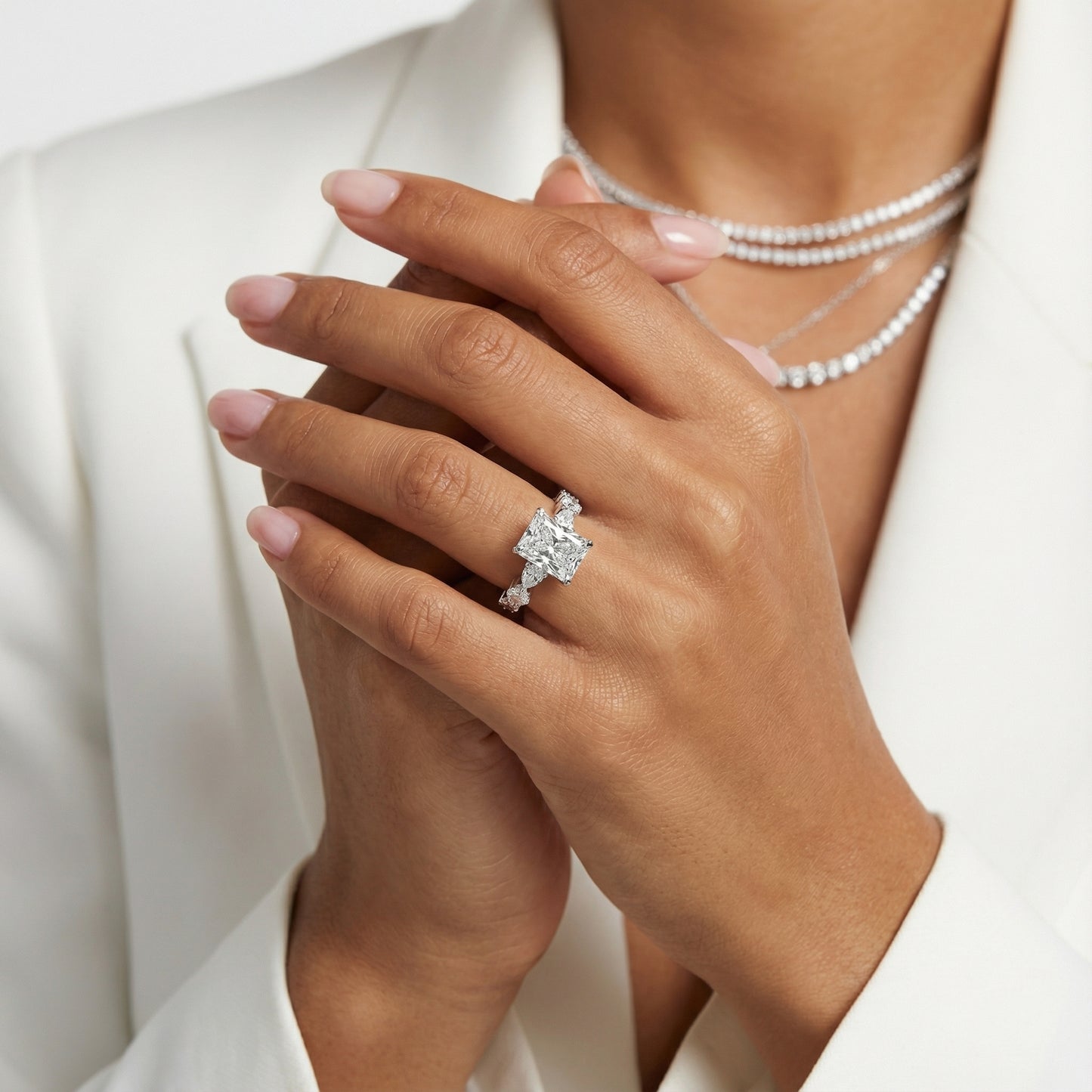 Radiant Cut Lab Grown Diamond Engagement Ring with Marquise and Pear Side Stones in Silver