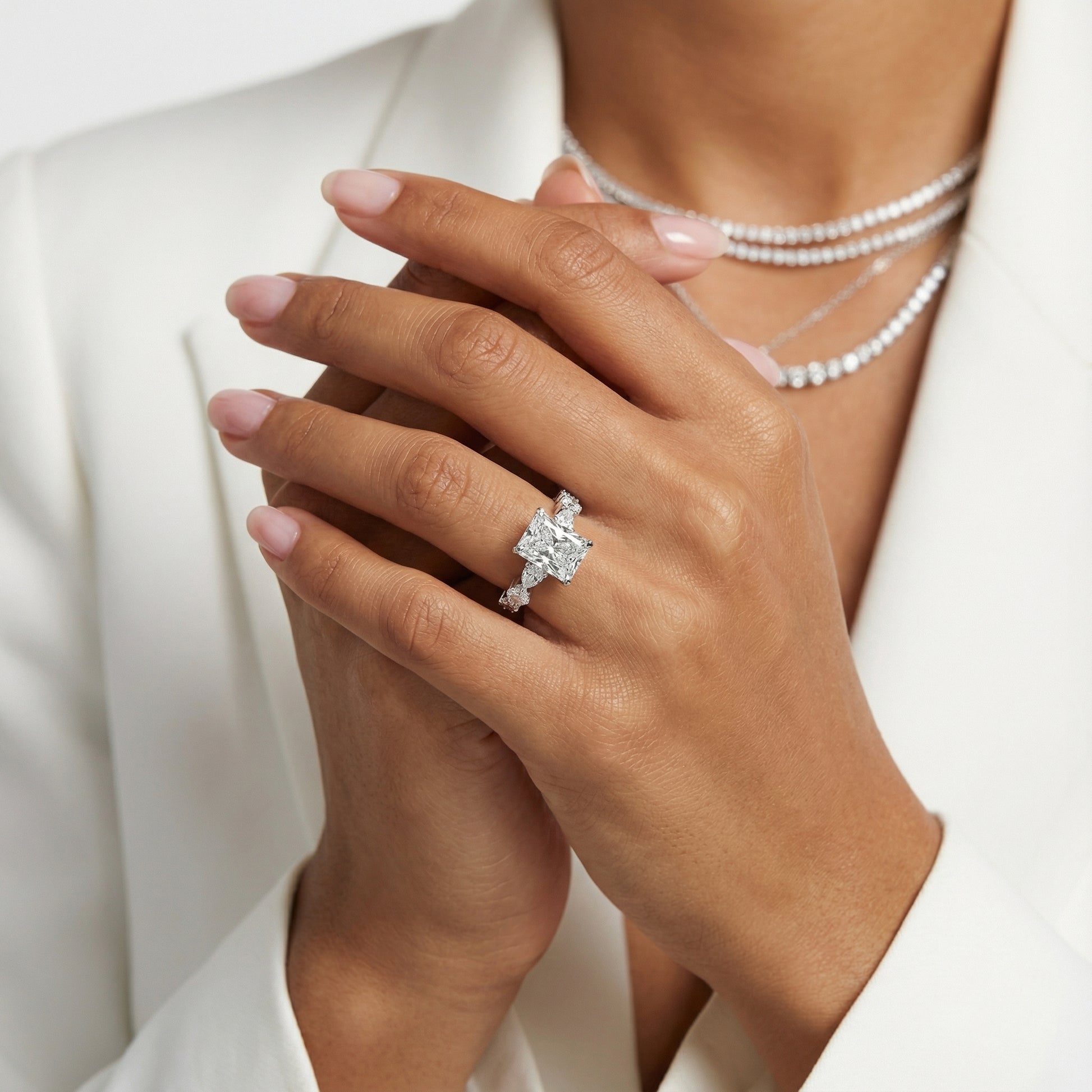 Radiant Cut Lab Grown Diamond Engagement Ring with Marquise and Pear Side Stones in Silver