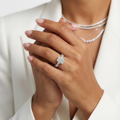 Radiant Cut Lab Grown Diamond Engagement Ring with Marquise and Pear Side Stones in Silver