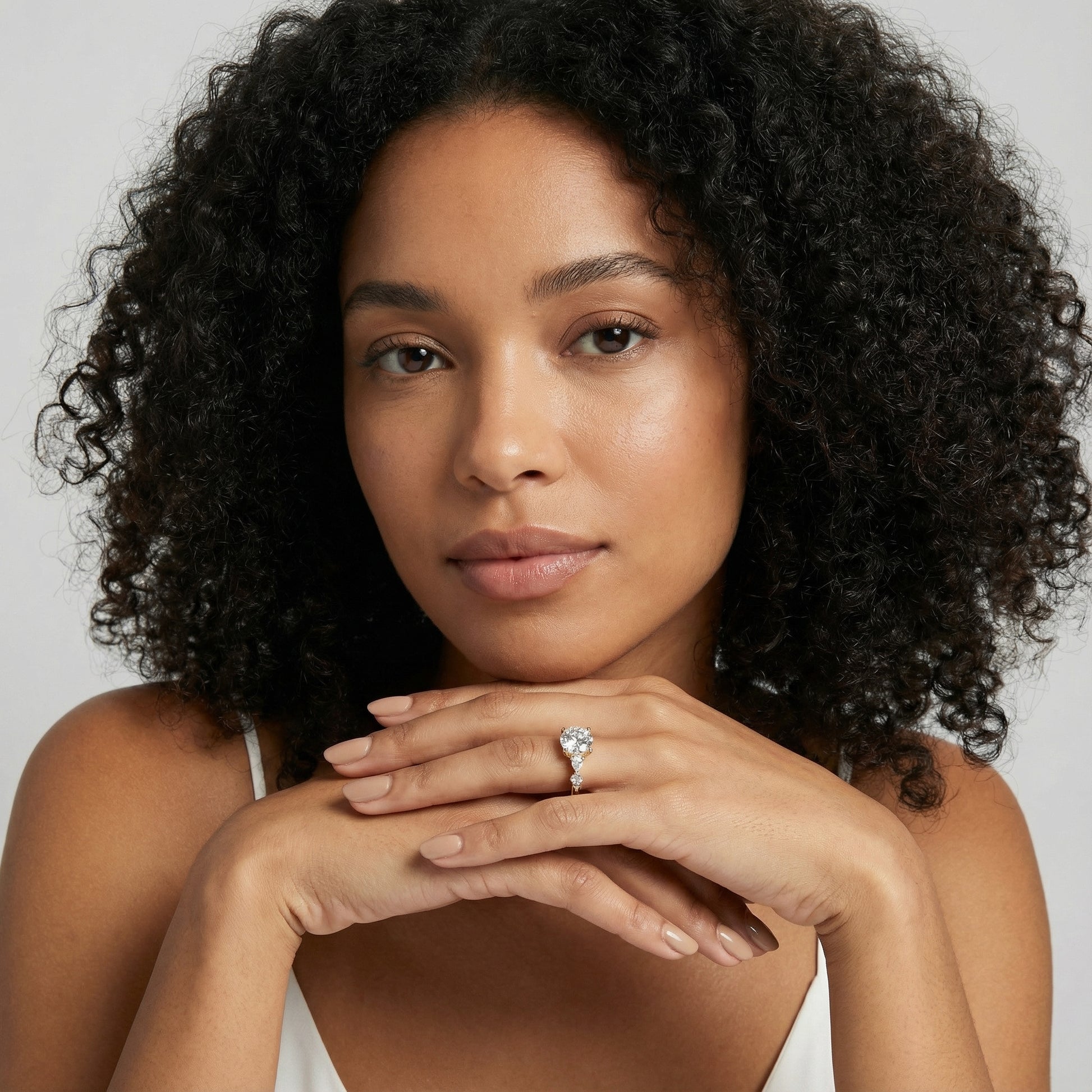 Round Cut Lab Grown Diamond Engagement Ring in Yellow Gold with Marquise and Pear Side Stones