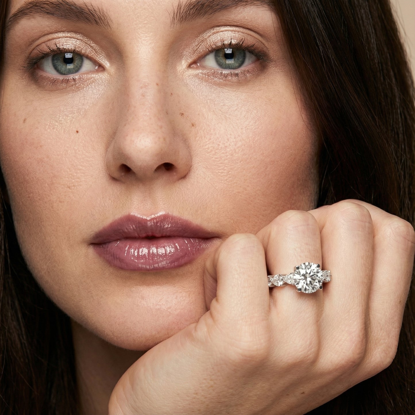 Round Cut Lab Grown Diamond Engagement Ring in Platinum with Marquise and Pear Side Stones