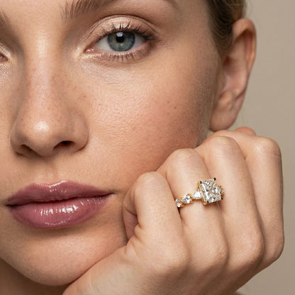 Radiant Cut Lab Grown Diamond Engagement Ring with Marquise and Pear Side Stones in Yellow Gold