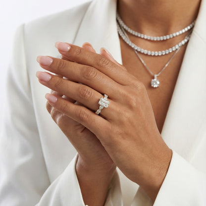 Emerald Cut Lab Grown Diamond Engagement Ring with Marquise and Pear Side Stones in Yellow Gold