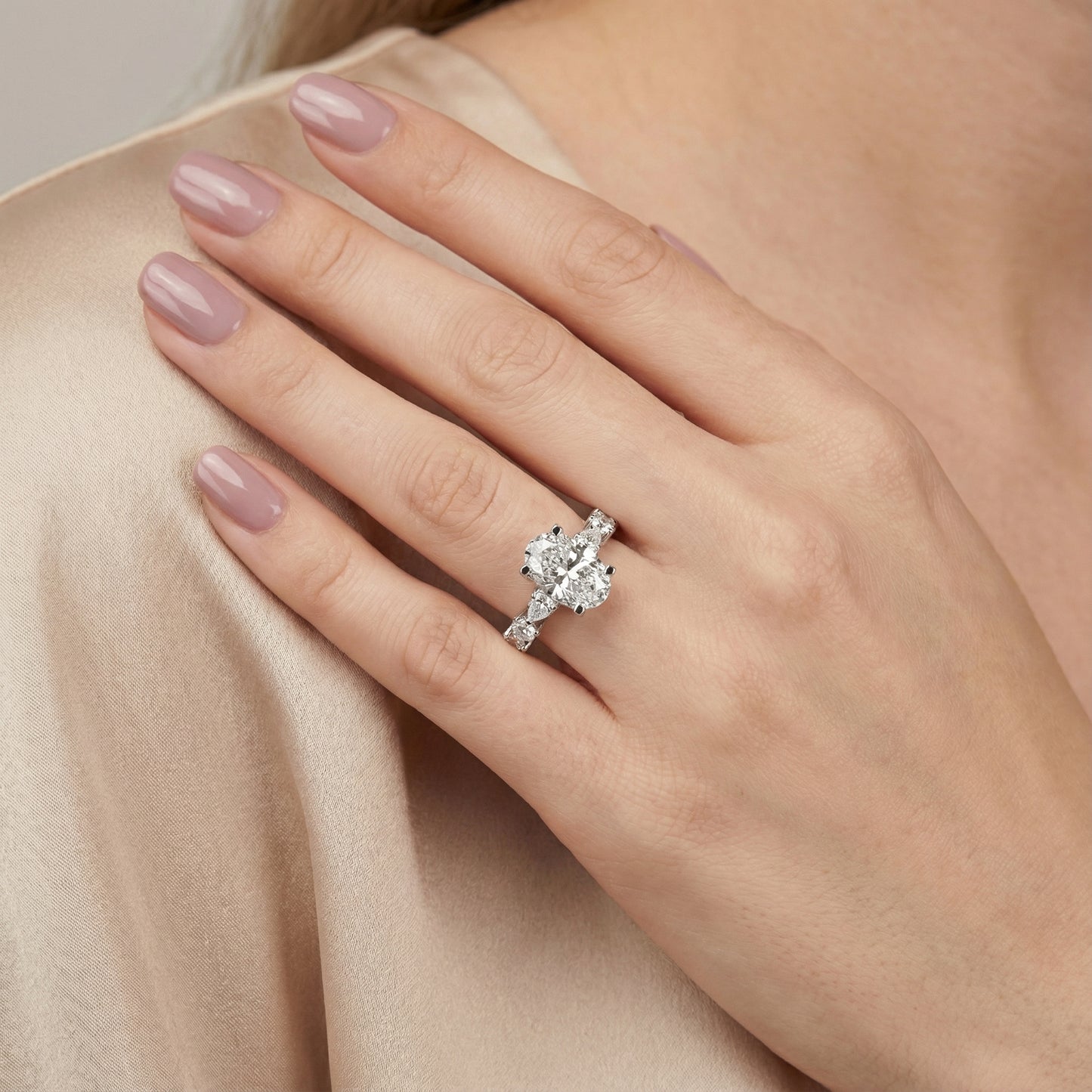 Oval Cut Lab Grown Diamond Engagement Ring with Marquise and Pear Side Stones in White Gold