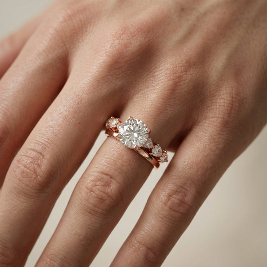 Round Cut Lab Grown Diamond Engagement Ring in Rose Gold with Marquise and Pear Side Stones