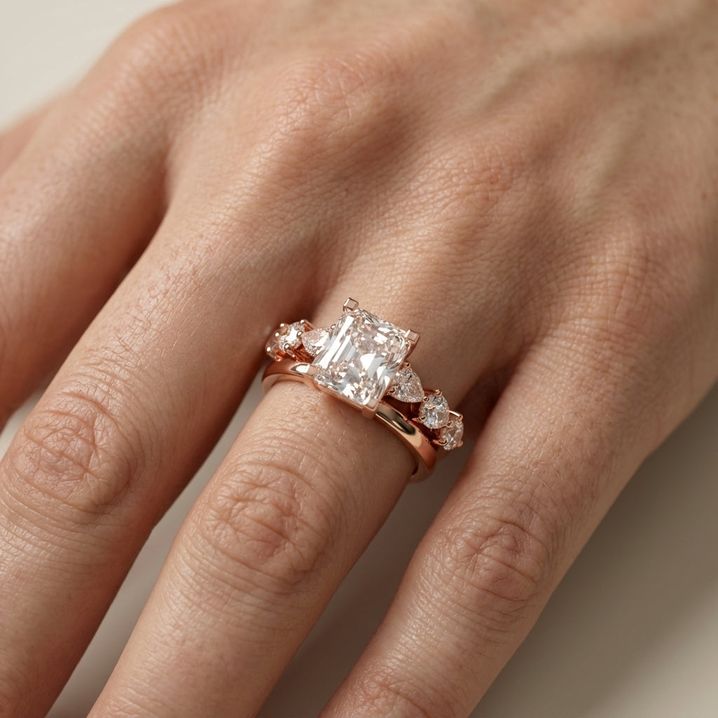 Radiant Cut Lab Grown Diamond Engagement Ring with Marquise and Pear Side Stones in Rose Gold