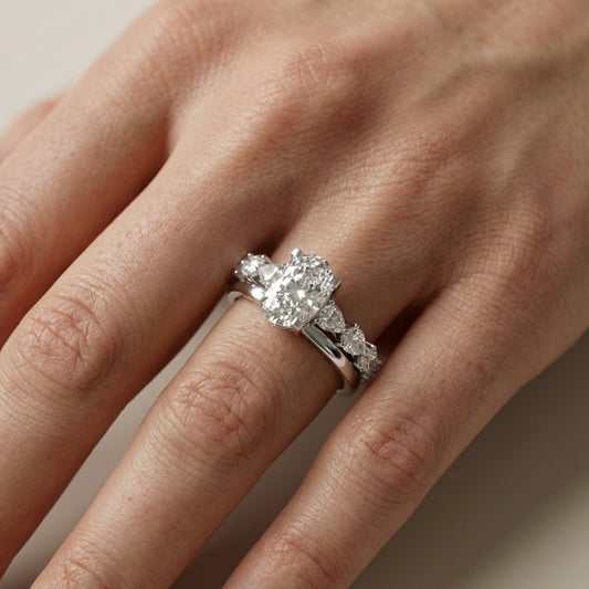 Oval Cut Lab Grown Diamond Engagement Ring with Marquise and Pear Side Stones in White Gold