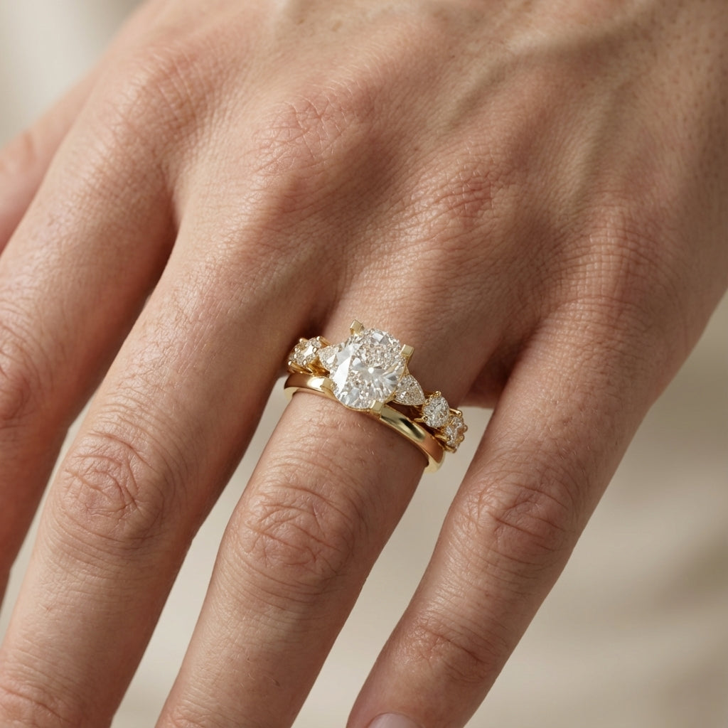 Cushion cut lab grown diamond engagement ring with marquise and pear side stones set in rich yellow gold.