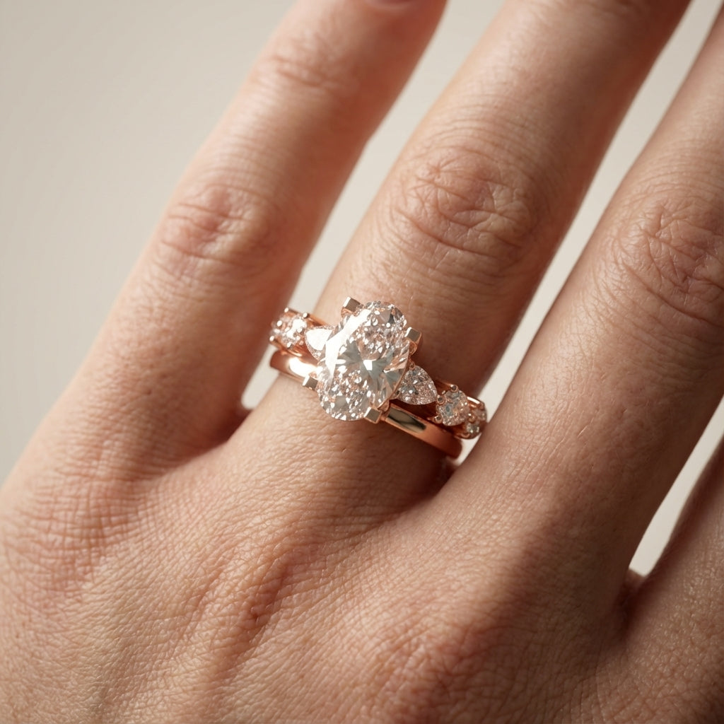 Oval Cut Lab Grown Diamond Engagement Ring with Marquise and Pear Side Stones in Rose Gold
