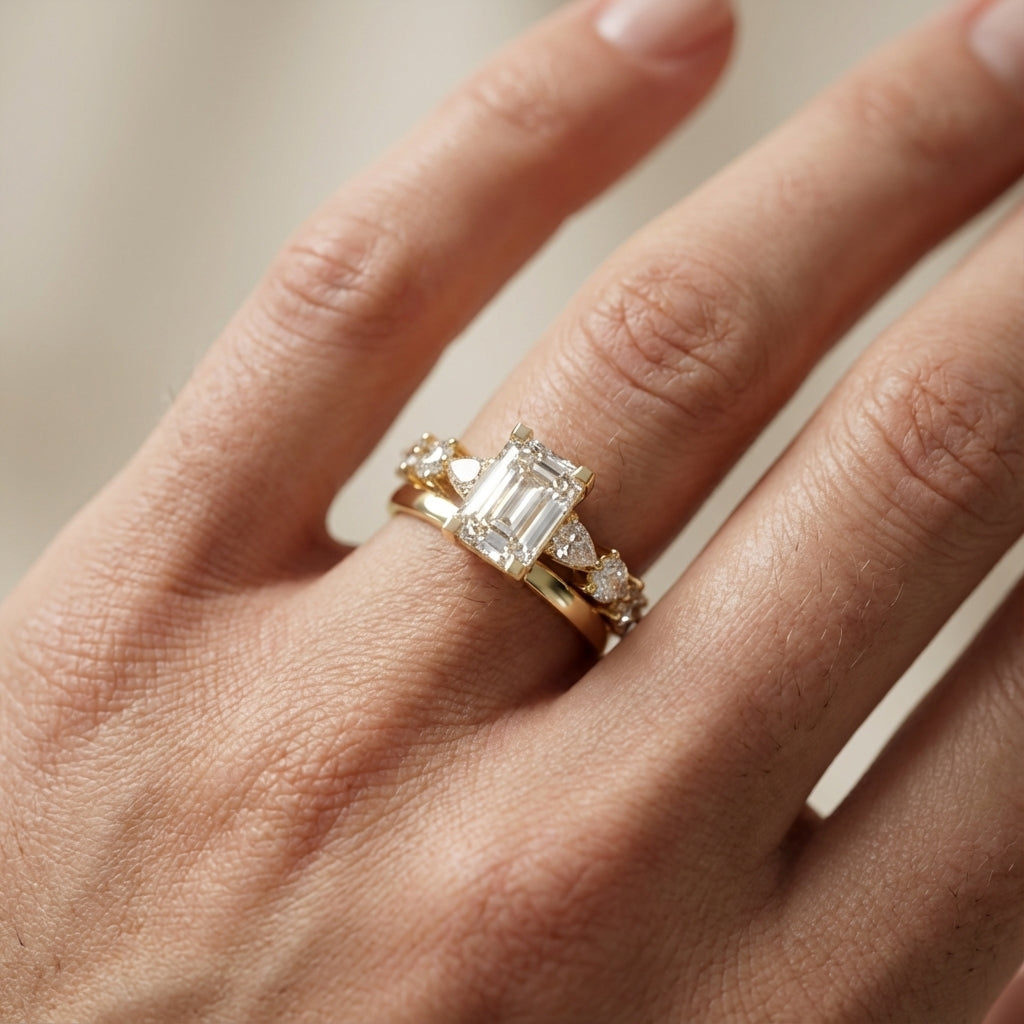 Emerald Cut Lab Grown Diamond Engagement Ring with Marquise and Pear Side Stones in Yellow Gold