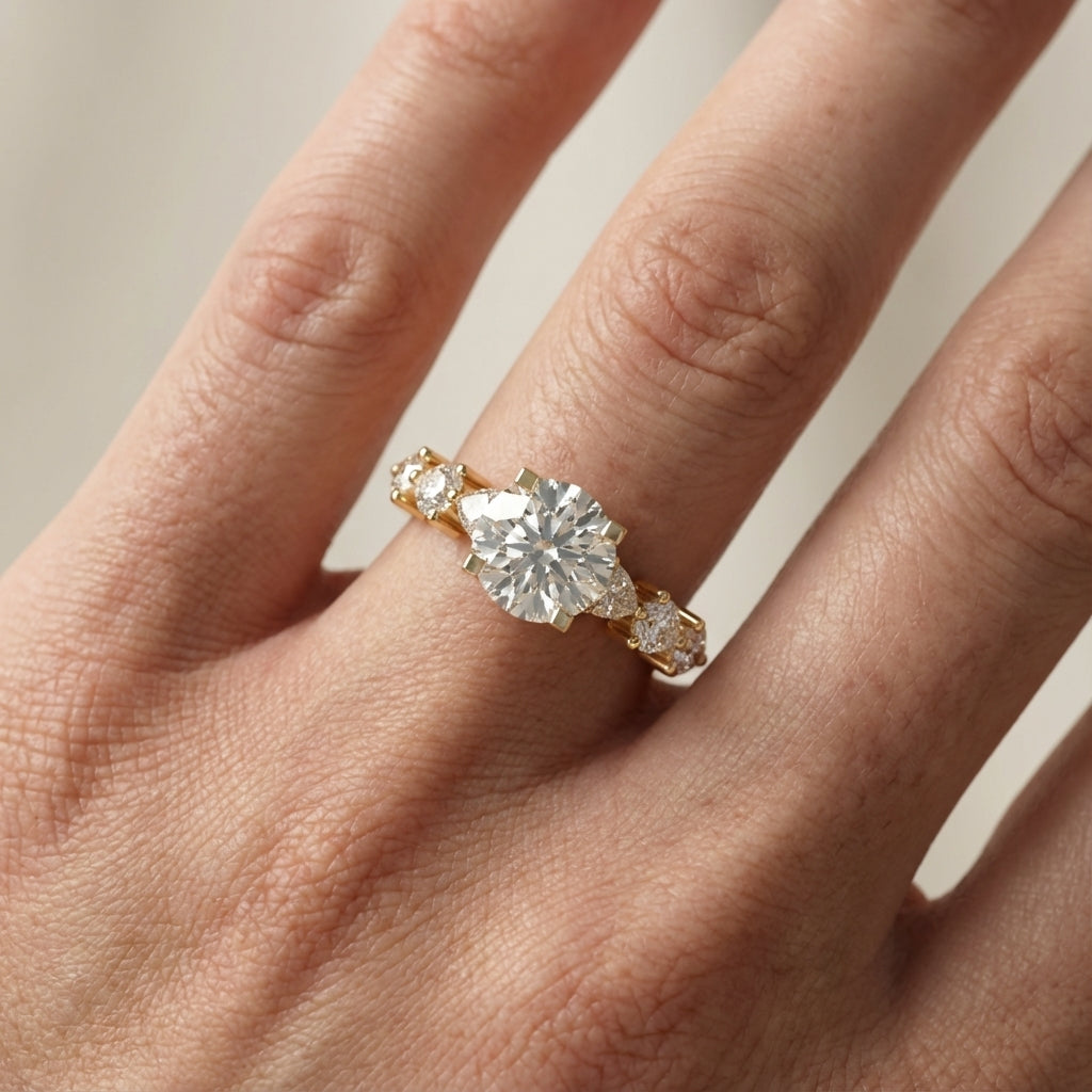 Round Cut Lab Grown Diamond Engagement Ring in Yellow Gold with Marquise and Pear Side Stones