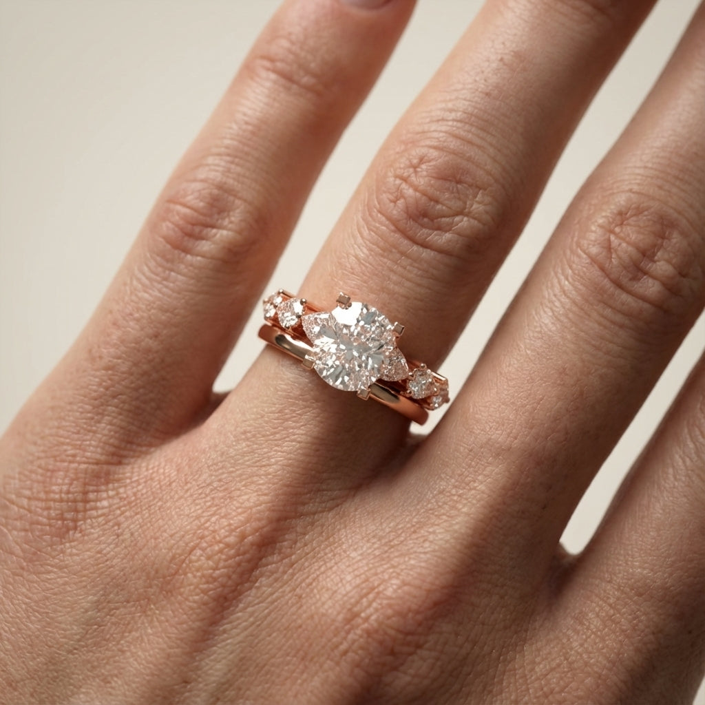 Cushion cut lab grown diamond engagement ring with marquise and pear side stones set in warm rose gold.