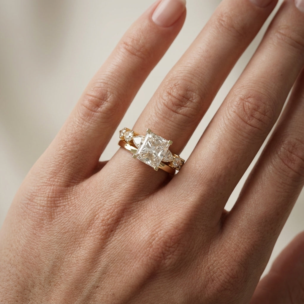 Radiant Cut Lab Grown Diamond Engagement Ring with Marquise and Pear Side Stones in Yellow Gold