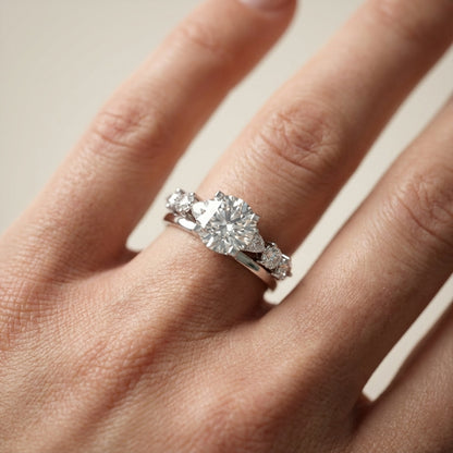 Round Cut Lab Grown Diamond Engagement Ring in White Gold with Marquise and Pear Side Stones