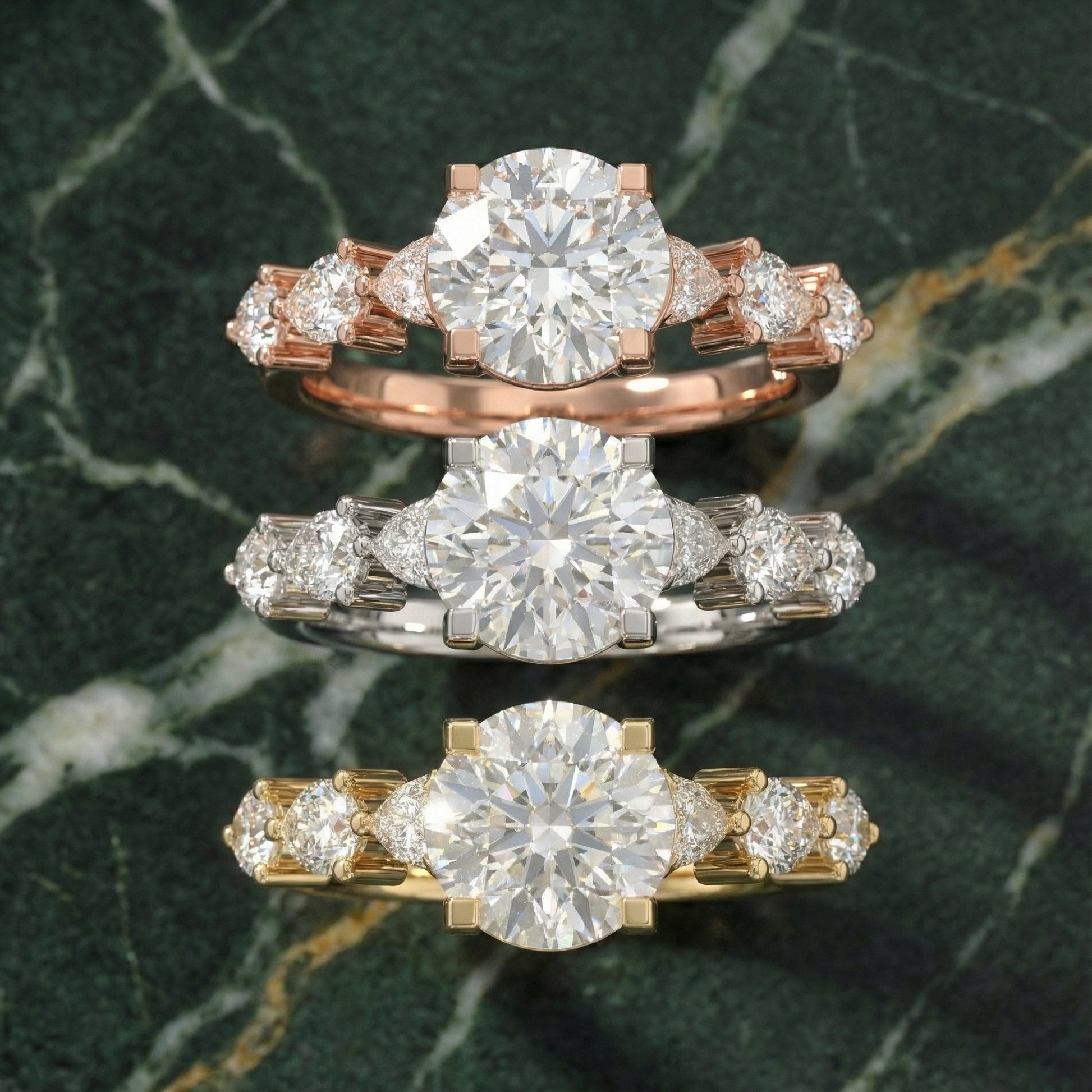 Round Cut Lab Grown Diamond Engagement Ring in Rose Gold with Marquise and Pear Side Stones