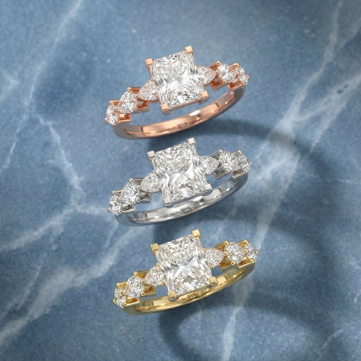 Radiant Cut Lab Grown Diamond Engagement Ring with Marquise and Pear Side Stones in Silver