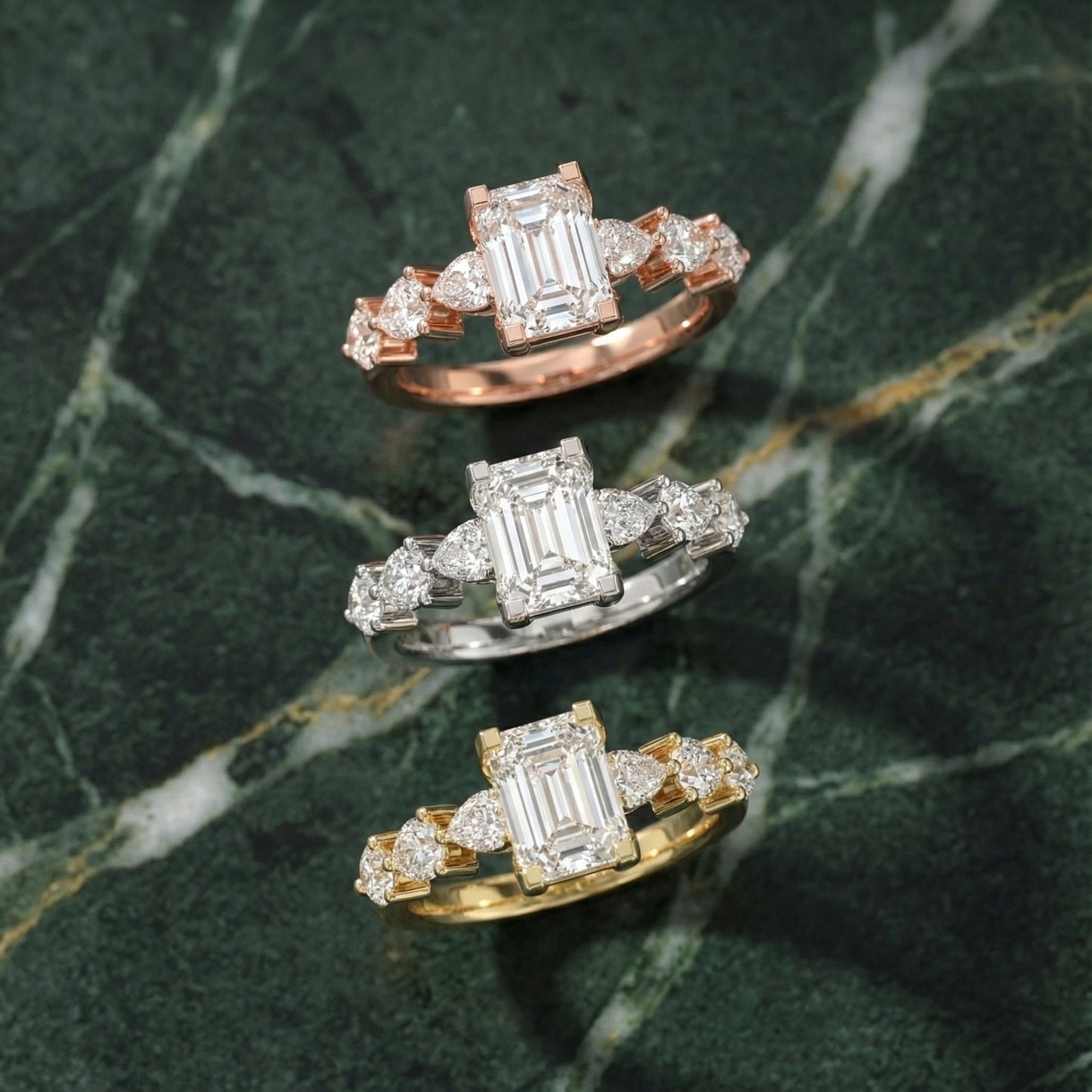 Emerald Cut Lab Grown Diamond Engagement Ring with Marquise and Pear Side Stones in White Gold