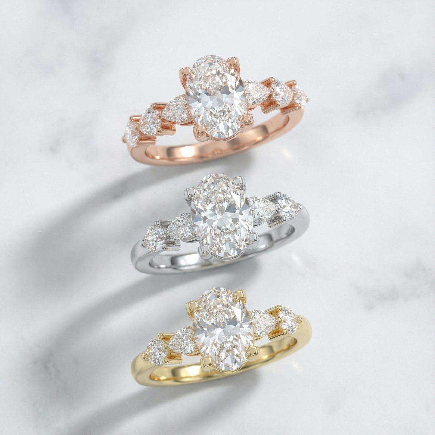 Oval Cut Lab Grown Diamond Engagement Ring with Marquise and Pear Side Stones in White Gold