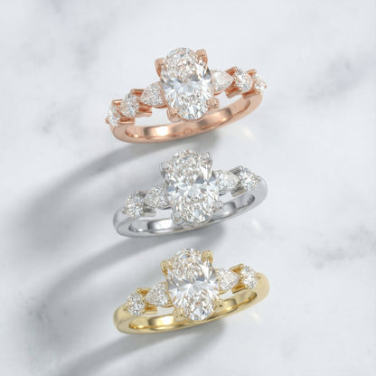 Oval Cut Lab Grown Diamond Engagement Ring with Marquise and Pear Side Stones in White Gold