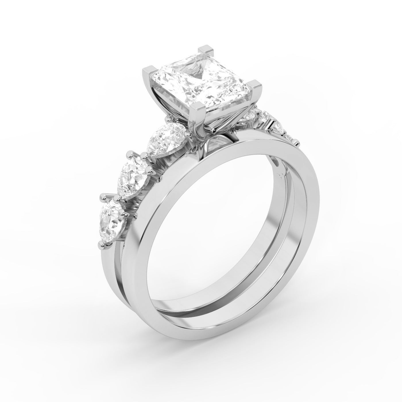 Radiant Cut Lab Grown Diamond Engagement Ring with Marquise and Pear Side Stones in White Gold