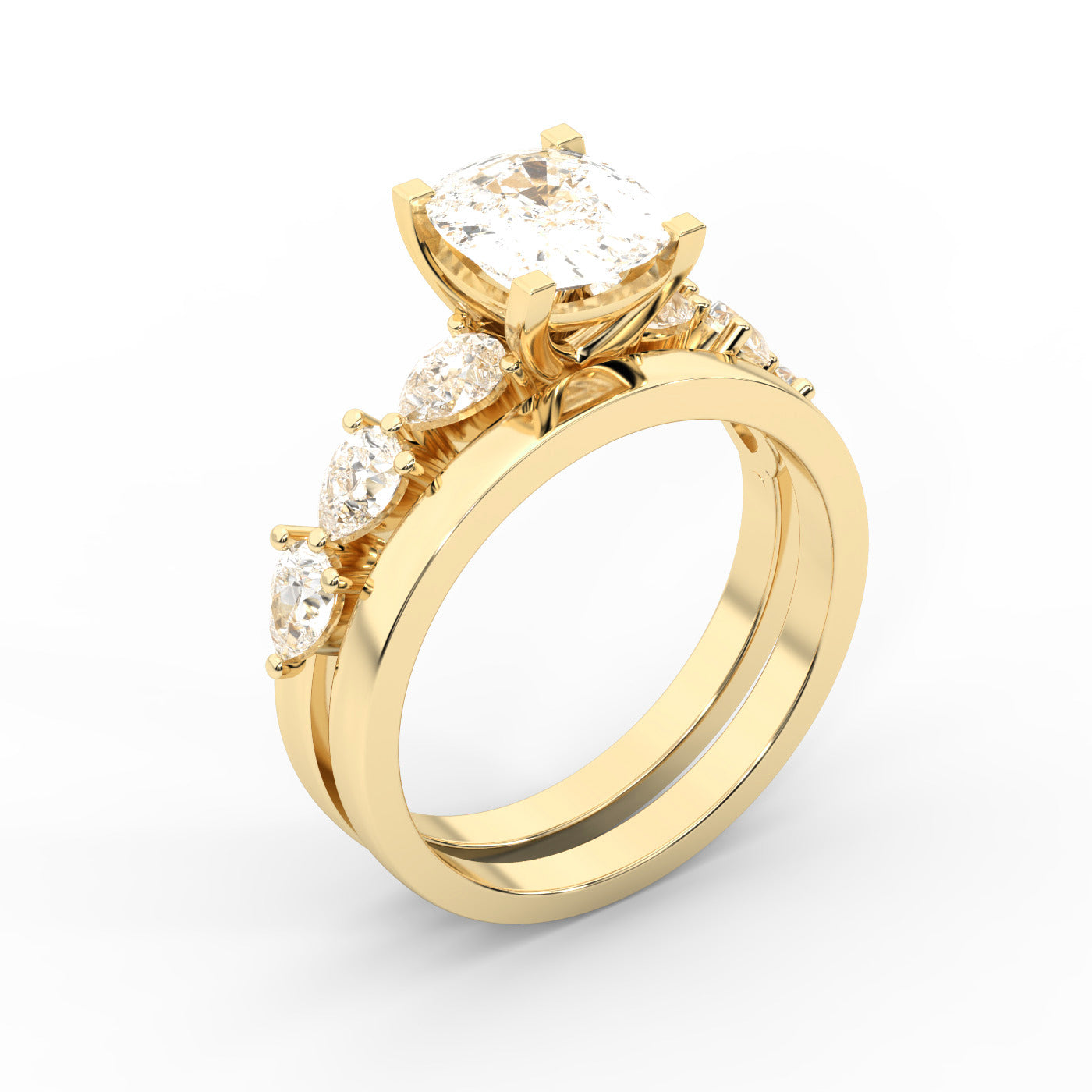 Cushion cut lab grown diamond engagement ring with marquise and pear side stones set in rich yellow gold.