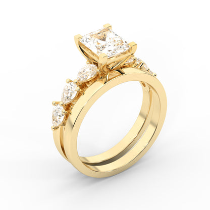 Radiant Cut Lab Grown Diamond Engagement Ring with Marquise and Pear Side Stones in Yellow Gold