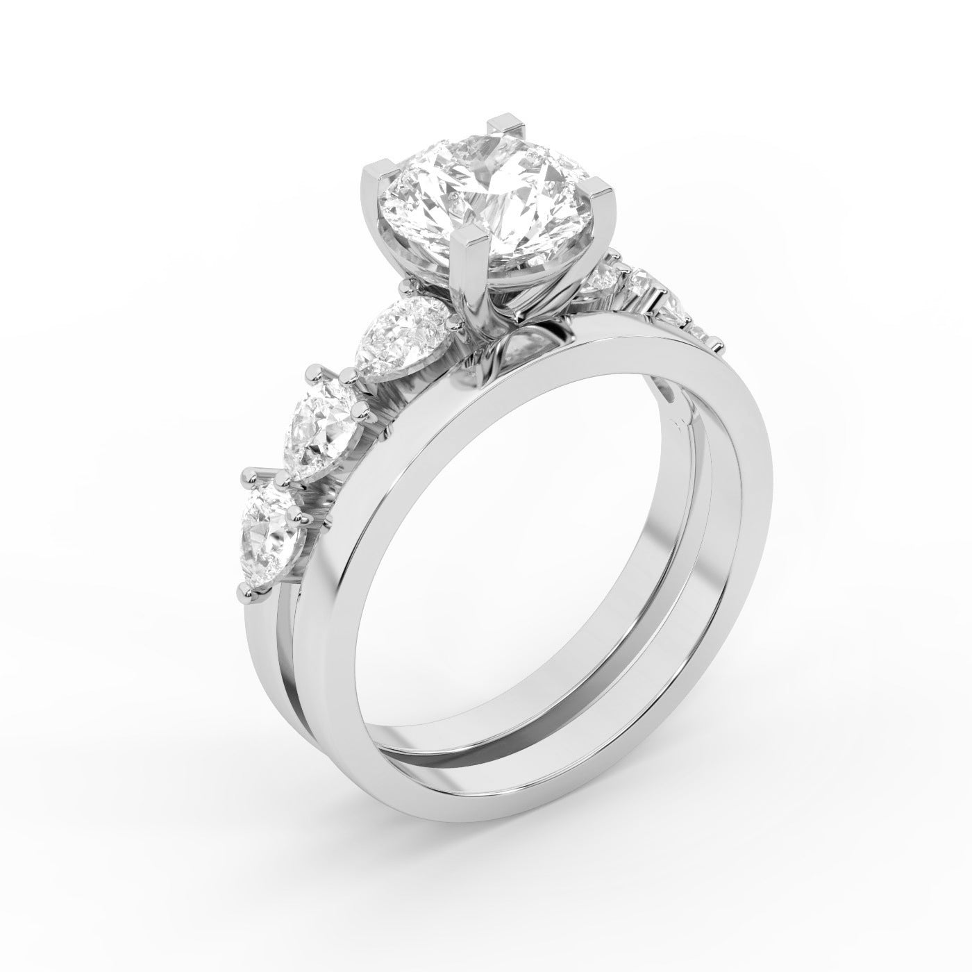 Round Cut Lab Grown Diamond Engagement Ring in White Gold with Marquise and Pear Side Stones
