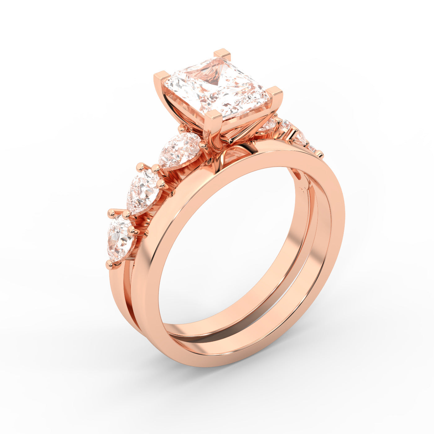 Radiant Cut Lab Grown Diamond Engagement Ring with Marquise and Pear Side Stones in Rose Gold
