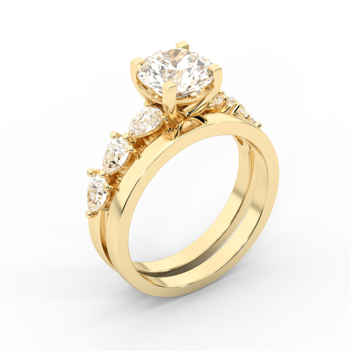 Round Cut Lab Grown Diamond Engagement Ring in Yellow Gold with Marquise and Pear Side Stones