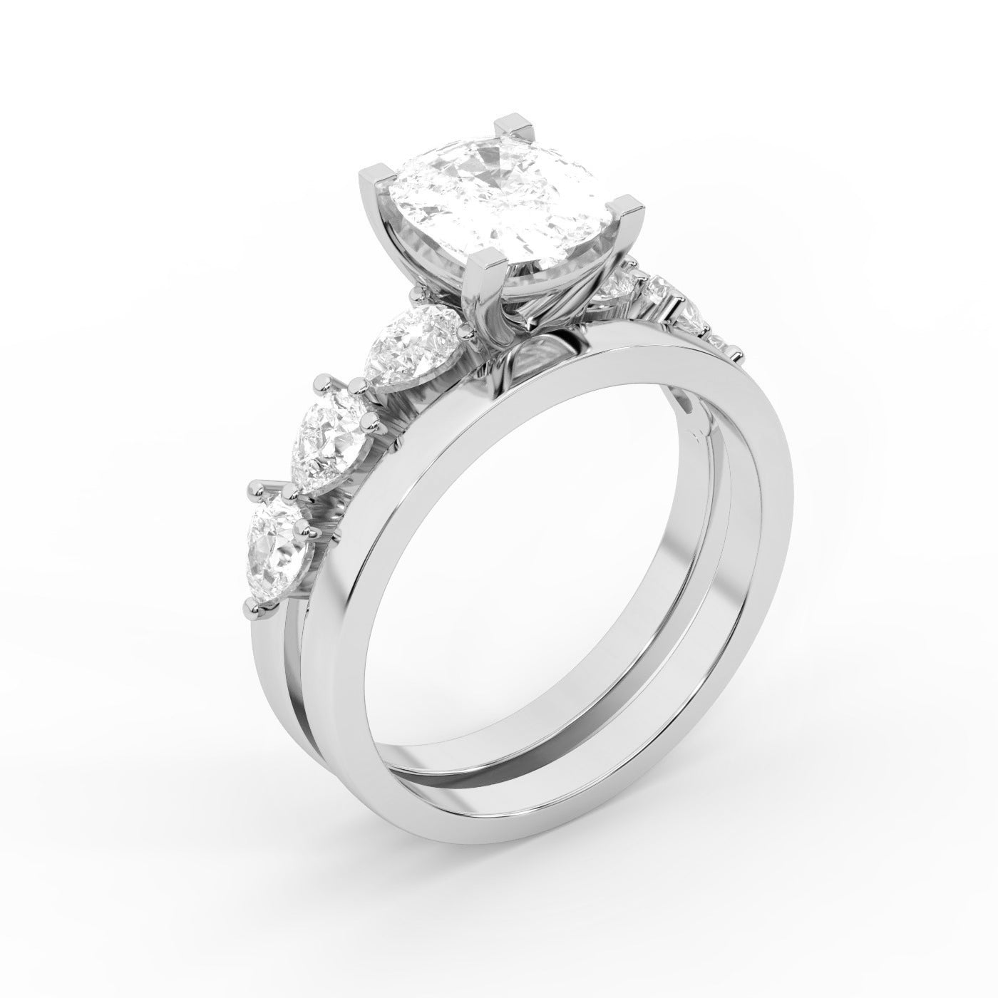 Cushion cut lab grown diamond engagement ring with marquise and pear side stones set in polished silver.