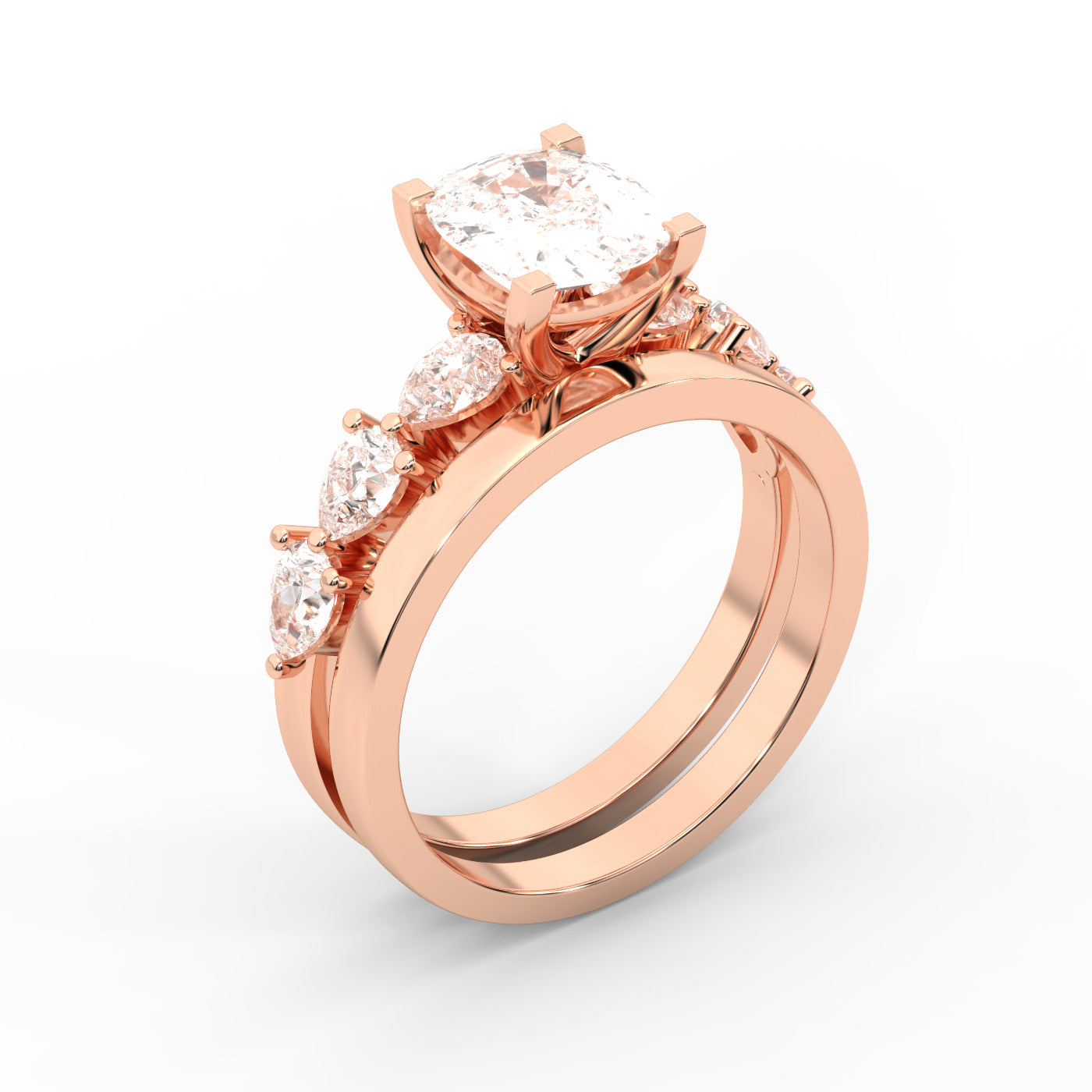 Cushion cut lab grown diamond engagement ring with marquise and pear side stones set in warm rose gold.