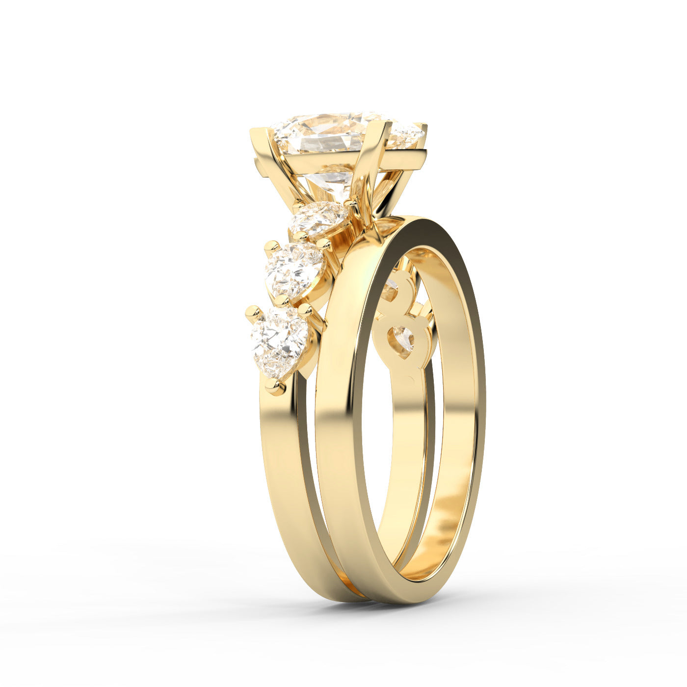Oval Cut Lab Grown Diamond Engagement Ring with Marquise and Pear Side Stones in Yellow Gold