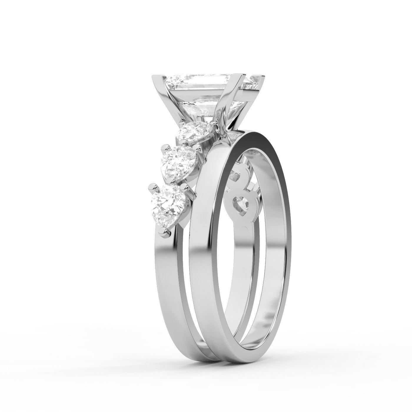 Emerald Cut Lab Grown Diamond Engagement Ring with Marquise and Pear Side Stones in Platinum