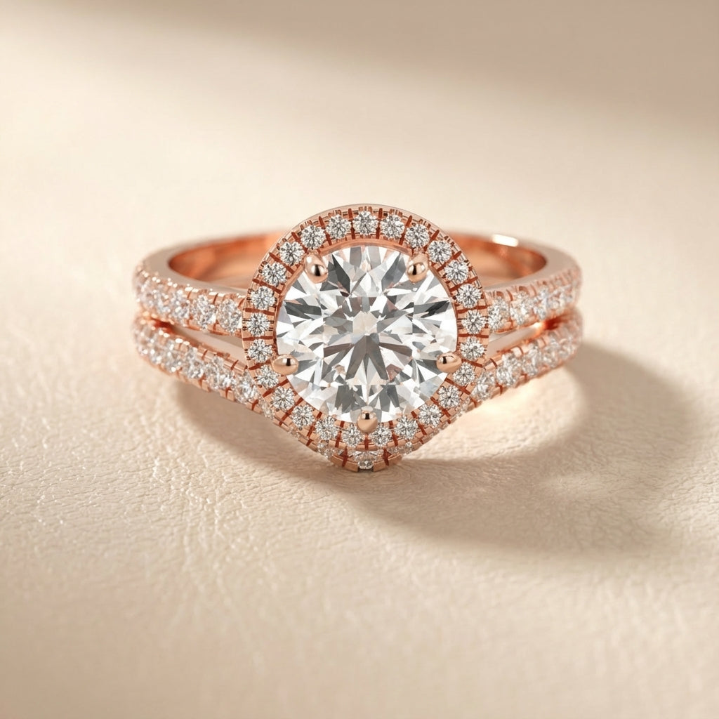 Round Cut Lab Grown Diamond Halo Engagement Ring in Rose Gold side profile view