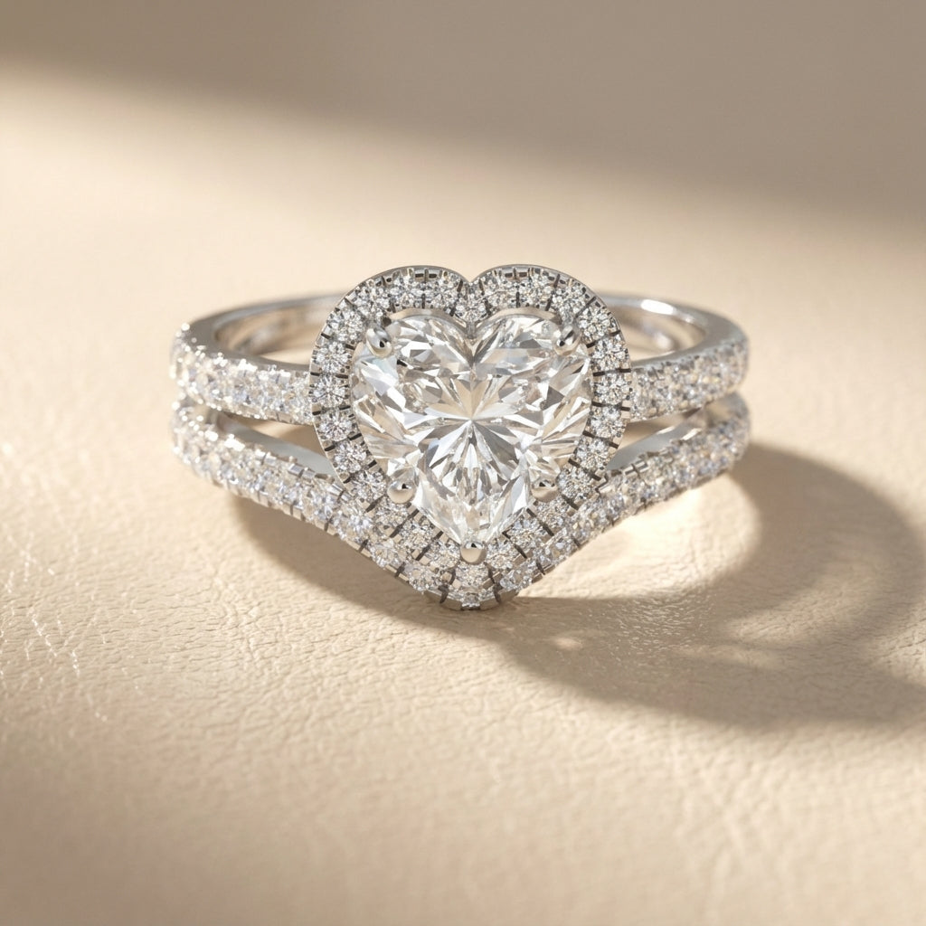 Seraphina Heart Cut Lab Grown Diamond Halo Engagement Ring in Silver showing split shank details