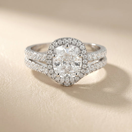Cushion Cut Lab Grown Diamond Halo Engagement Ring in Platinum with Pave Split Shank