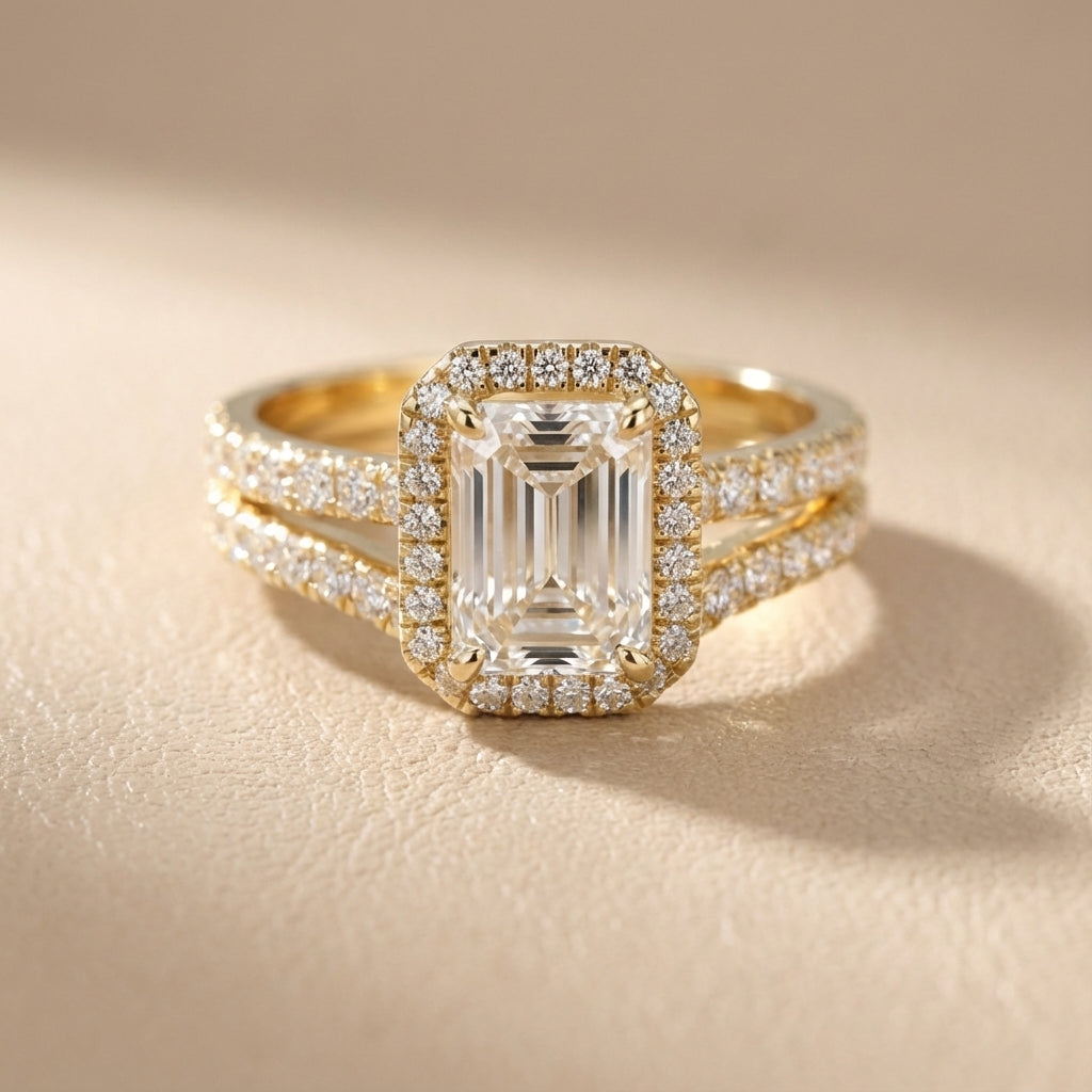 Emerald Cut Lab Grown Diamond Halo Engagement Ring in Yellow Gold with Split Shank