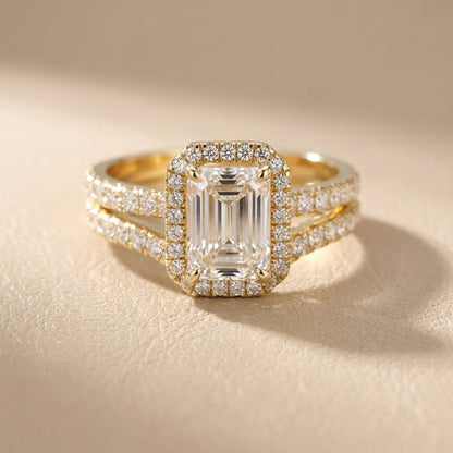 Emerald Cut Lab Grown Diamond Halo Engagement Ring in Yellow Gold with Split Shank