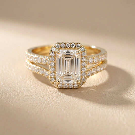 Emerald Cut Lab Grown Diamond Halo Engagement Ring in Yellow Gold with Split Shank