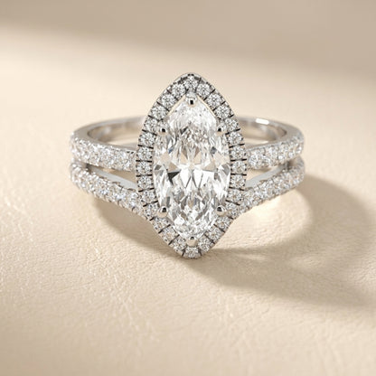 Marquise Cut Lab Grown Diamond Halo Engagement Ring with Split Shank in Silver