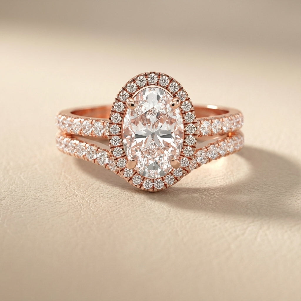 Oval Cut Lab Grown Diamond Halo Engagement Ring with Split Shank in Rose Gold