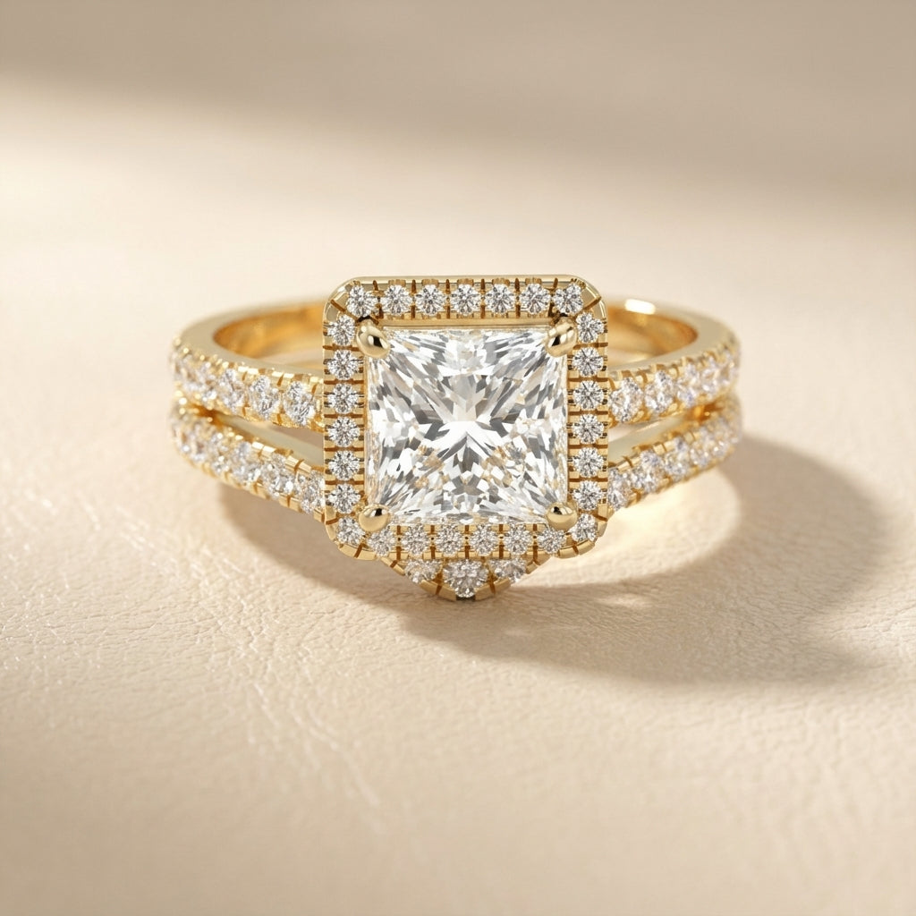 Princess Cut Lab Grown Diamond Halo Engagement Ring in Yellow Gold Split Shank Setting