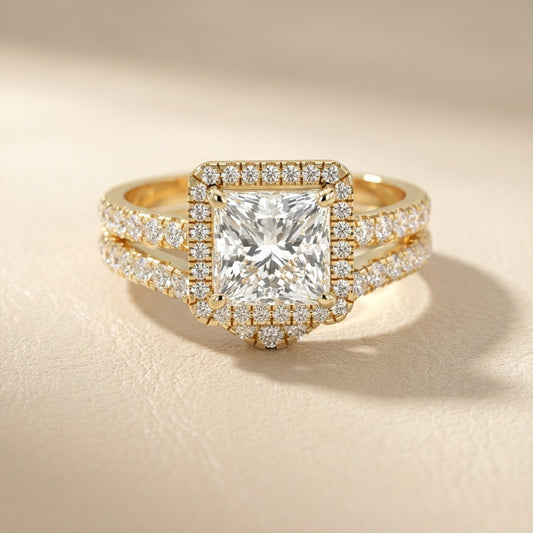 Princess Cut Lab Grown Diamond Halo Engagement Ring in Yellow Gold Split Shank Setting