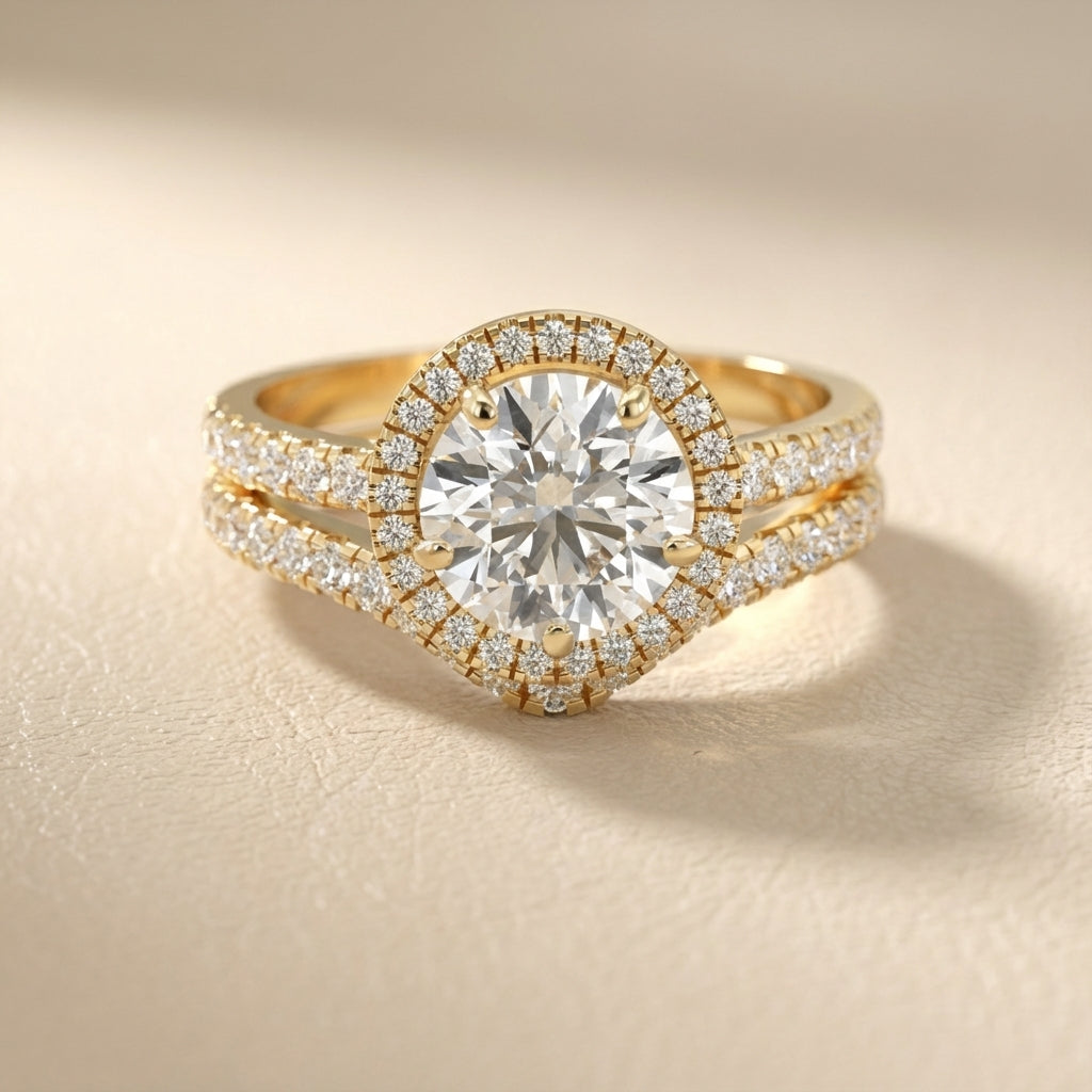 Round Cut Lab Grown Diamond Halo Engagement Ring in Yellow Gold top down view