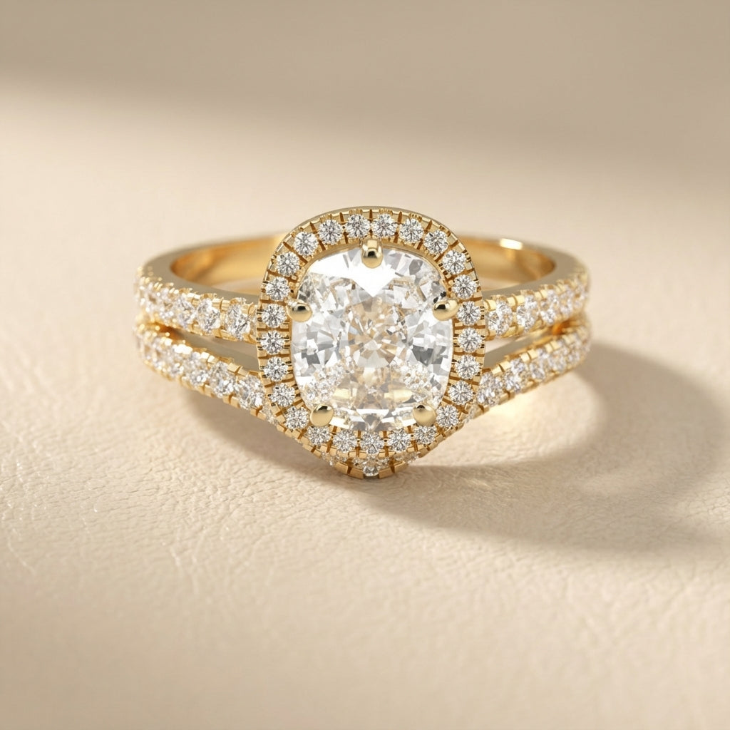 Cushion Cut Lab Grown Diamond Halo Engagement Ring in Yellow Gold with Pave Split Shank