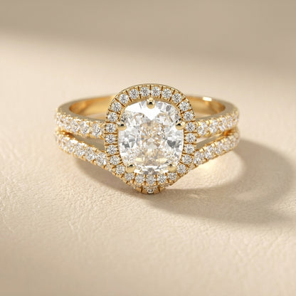 Cushion Cut Lab Grown Diamond Halo Engagement Ring in Yellow Gold with Pave Split Shank